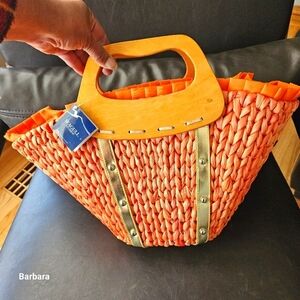 Seagull Studios "Urban Beach" Tangerine Raffia with Cornhusk Wooden Handles Bag